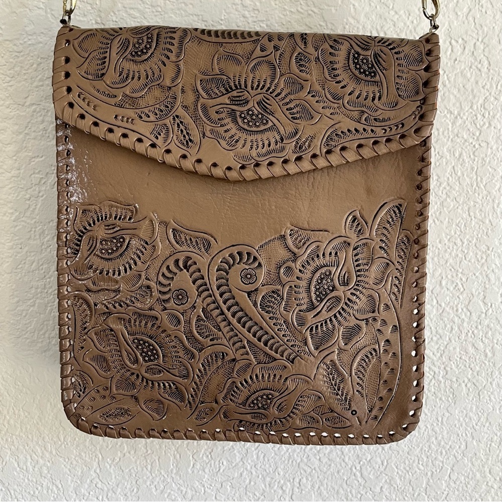 Floral Embossed Crossbody Bag Western Handmade Purse Tan Removeable Strap